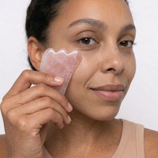 Femme appliquant la partie dentelée d'un Gua Sha sous son œil et sur sa joue pour lisser